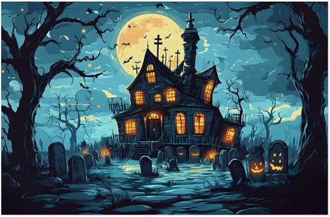 Halloween Castle Moon Scary Placemats Set of 4 PVC Vinyl Non Slip Table Mats Heat Resistant Place Mats Washable Wipeable Dining Table Mat for Kitchen Decor Party Indoor Outdoor Decorative Gift