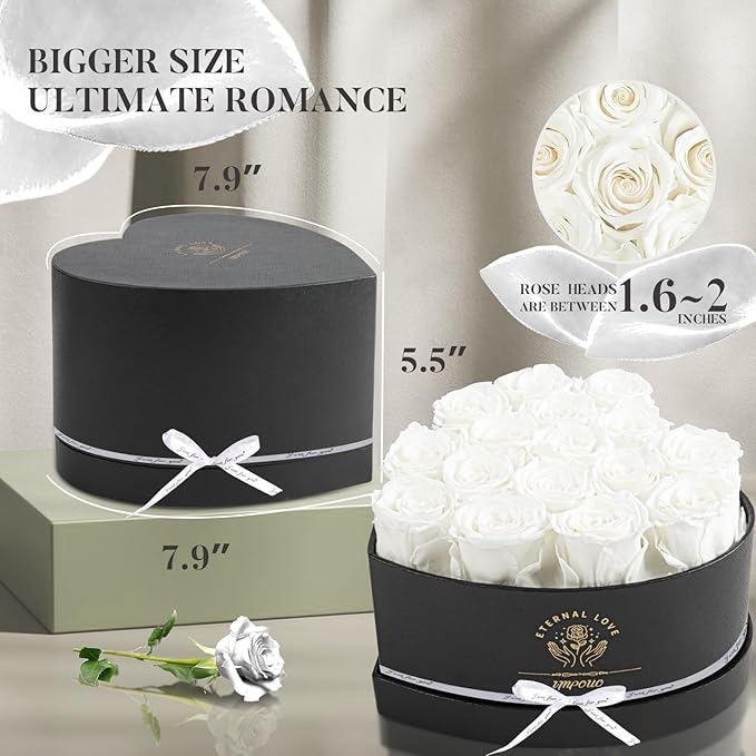 16-Piece Forever Flowers Heart Shape Box - Preserved Roses, Birthday Gifts for Women- Flower Delivery Prime, Valentines, Anniversary, Wedding Gifts- White Roses