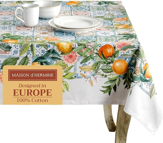 Maison d' Hermine Table Cloth Square Table 100% Cotton 54 x 54 Inches Tablecloth Reusable Decorative Everyday Use for Dining Room, Farmhouse, Home, Party, Festive & Wedding Spring Summer - Agrume