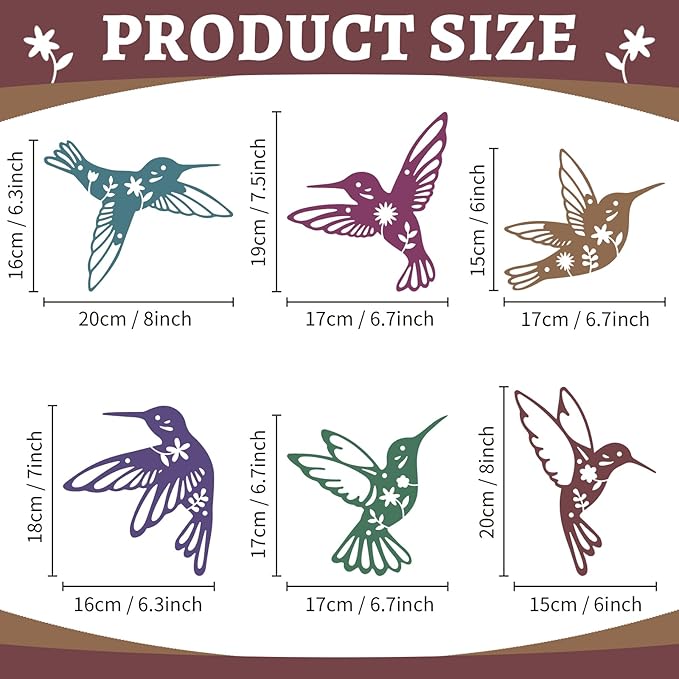 twinklemon 6PCS Metal Hummingbird Wall Art Decor Colorful Birds Outdoor Wall Decor Iron Hanging Decor Ornaments Bird Wall Art Decorations for Garden Fence Yard Living Room Patio Balcony