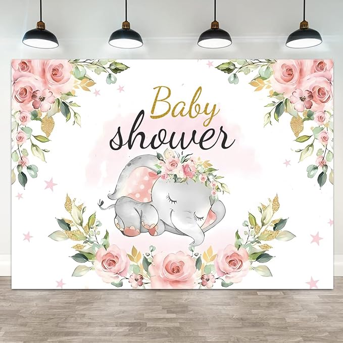 10x6.5ft Elephant Baby Shower Backdrop for Girl Pink Flowers Photography Background Newborn Girls Birthday Banner Decorations Sweet Princess Baby Party Portrait Photo Booth Prop