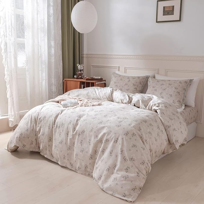 HighBuy Boho Floral Comforter Set Queen Beige Bedding Comforter Sets Queen Boho 3 Piece for Women Girl Cottagecore Flower Comforter Set with 2 Pillowcases,Cozy Bed Comforter Sets