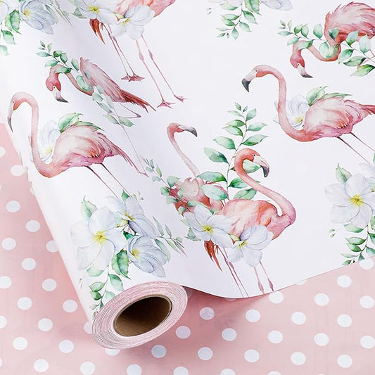 Burymento Reversible Pink Flamingo Plumeria Wrapping Paper Roll - Pink and white polka dot design on the other side, suitable for Valentine's Day, Birthday, Mother's Day, Wedding, Baby Shower