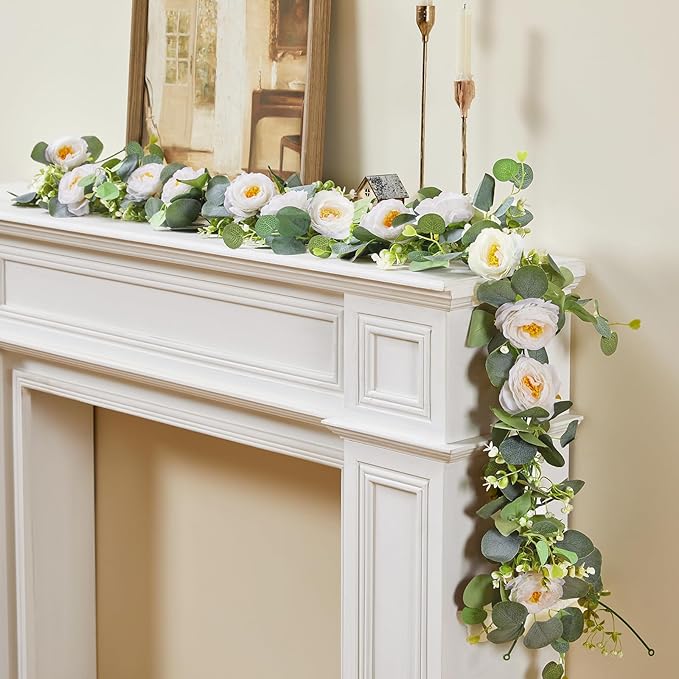2 Pack 12Ft Artificial Eucalyptus Flower Garland with White Roses, Faux Floral Greenery Garland Fake Flower Vines for Wedding Party Centerpiece Table Runner Arch Party Decor (2PCS,White