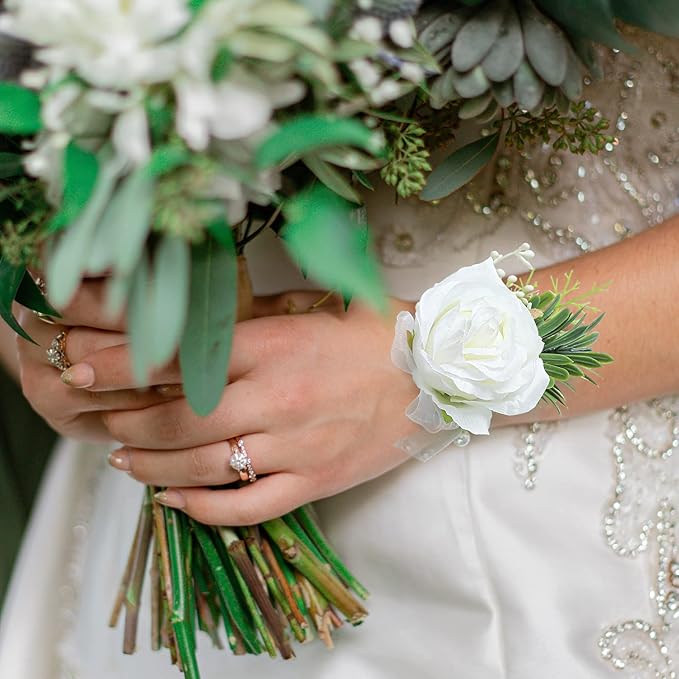4pcs Wedding White Rose Wrist Flowers Artificial Rose Flowers for Ceremony Prom Party Accessories (4 Wrist Corsage White)