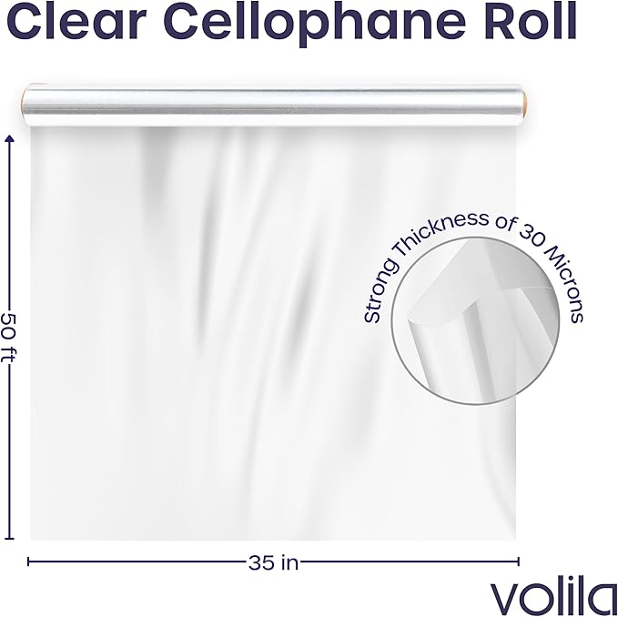 Clear Cellophane Wrap Roll (35in x 50ft) - Folded Cellophane Wrap for Gift Baskets, Cellophane for Flowers Bouquets