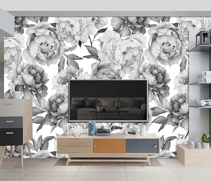 Grey Peony Floral Wallpaper Bedroom Black and White Botanical Flowers Leaf murals Aesthetic Room Decor Living Room tv Background Large Wall Mural - 91"x65" Not Peel and Stick