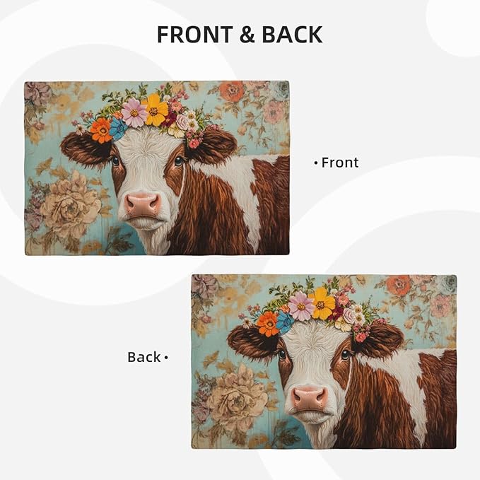 Farmhouse Cow Placemats Set of 4 Washable Table Mats Spring Cow Floral Heat-Resistant Cotton Linen Place Mats for Dining Table Kitchen Indoor Outdoor Party Holiday Decor