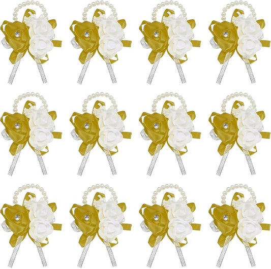 MECCANIXITY 12Pcs Wrist Corsage Artificial Flower Bracelets Rose Wrist Bride Groom Decorative for Wedding Ceremony Prom Party Anniversary Dark Yellow