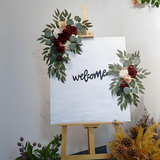 Burgundy Wedding Arch Flowers, Faux Flower Swag Set of 2, Red Floral Swag for Wedding Arch Welcome Signs, Reception Ceremony Signs Decor