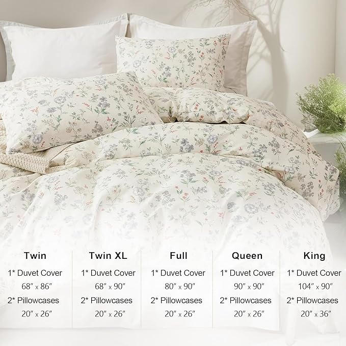 EAVD Chic Shabby Botanical Floral Duvet Cover Twin Soft Cotton Garden Floral Bedding Set with 2 Pillowcases Fresh Reversible Botanical Duvet Cover with Zipper Closure