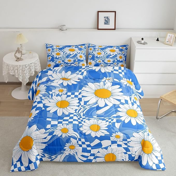 Castle Fairy Kids Abstract Bedding Set for Boys Girls,White Daisy Flowers All Season Cozy Comforter Set Home Decor,Blue Zebra Stripes Geometric Plaid Duvet Set for Chic Birthday Gift, Full Size