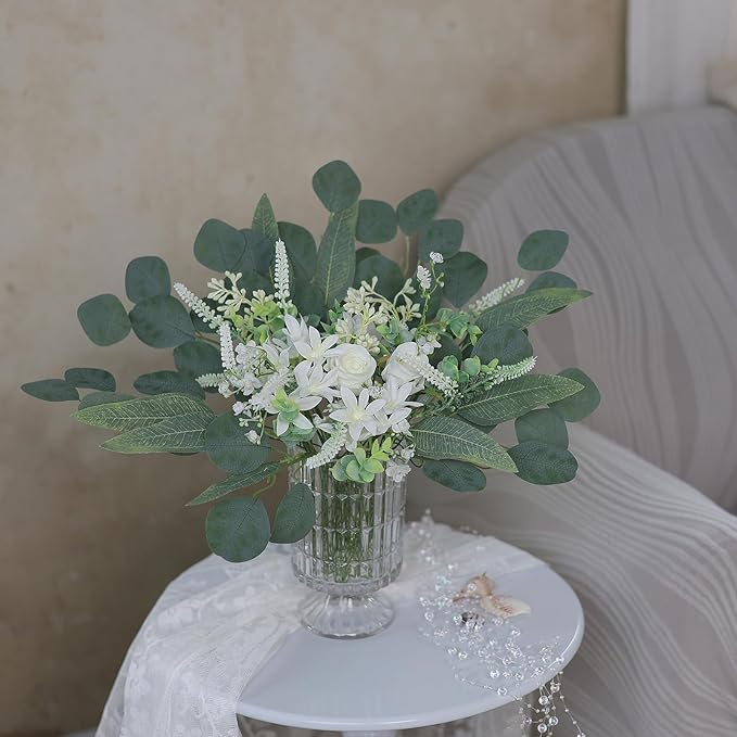VIERENA Artificial Greenery Stems Box Set(Pack of 75pcs) with 8 Kinds of Faux Plants and Fake Flowers for DIY Wedding Bouquet Table Centerpieces and Floral Arrangement (White&Green)