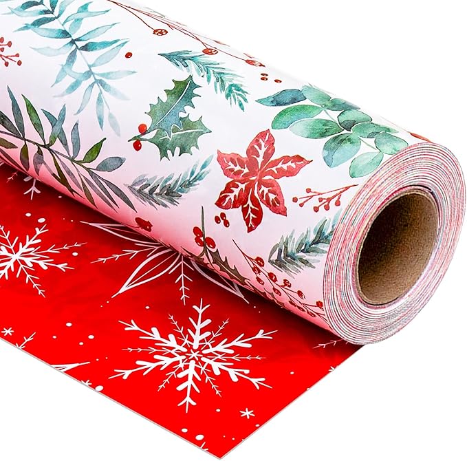 Yarcony Christmas Wrapping Paper, Holly Wrapping Paper, Vintage Watercolor Poinsettia, Floral Botanical & Winter Green Pattern Neutral Christmas Gift Wrap for Holiday, Celebration (17 Inch x 33 Feet)