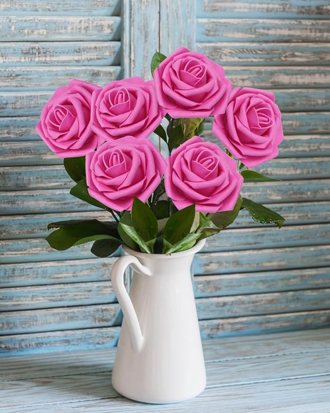 JOYLEX Artificial Flowers Realistic Roses, Real Looking Fake Roses with Stem for DIY Wedding Bouquets Centerpieces Bridal Shower Party Home Romantic Decorations (Hot Pink, Regular 3" - 200pcs)