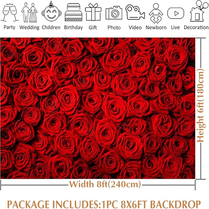 Avezano Valentine's Day Backdrop Rose Flower Wall Photo Background Red Rose Wedding Bridal Shower Photography Backdrop Mother's Day Birthday Party Dessert Table Banner (8x6ft)