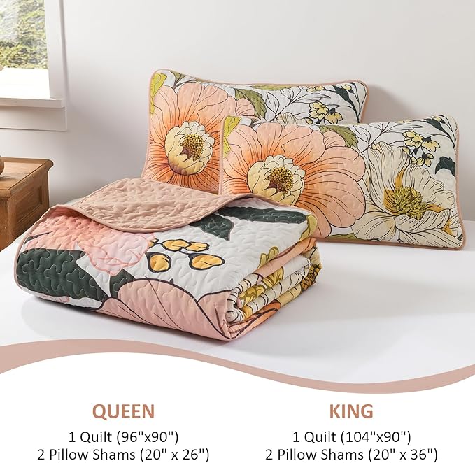 Dintszyayue Pink Quilt Set King, 3 Pieces Floral Bedspreads Lightweight Coverlet Set for All Seasons, Reversible Quilted Printed Bedding Set with 2 Pillow Shams