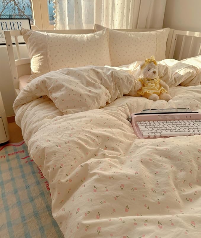 VM VOUGEMARKET Full Comforter Set Vintage Pink Flower Comforter with Romantic Lace Trim Soft Lightweight Bedding Set for Teen Girls-80 x90