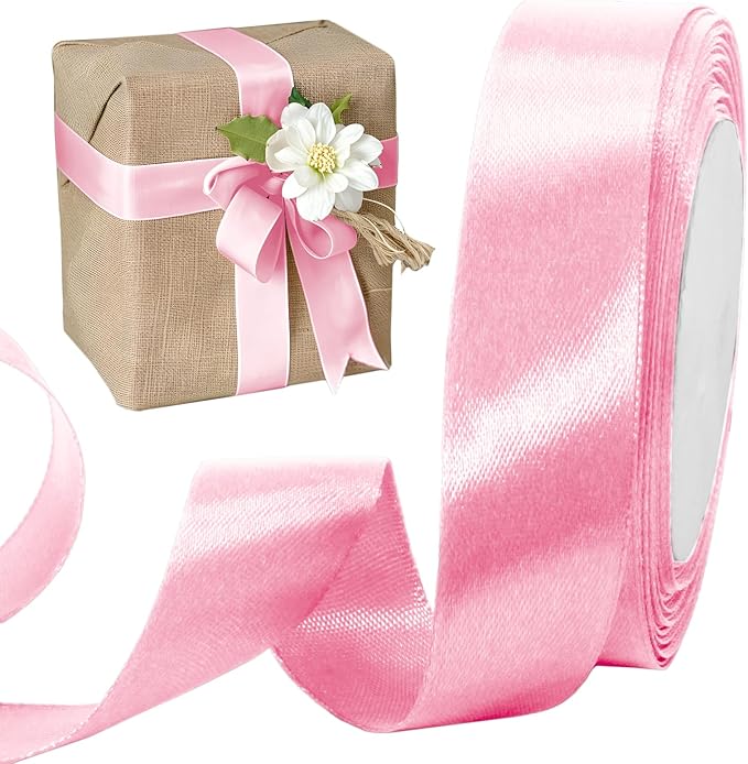 Luomorgo 1 Inch Pink Satin Ribbon, 25 Yards Solid Color Ribbon, Fabric Ribbon for Gift Wrapping, Flower Bouquet, DIY Craft, Sewing, Wedding, Birthday Party Decorations