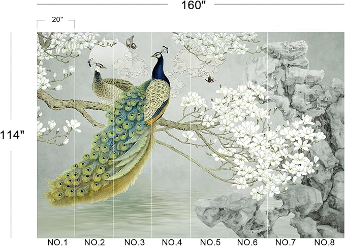 Eierme-Flower Pattern Peacock Illustration Wallpaper Mural Wallpaper Peel and Stick 160" x 114"