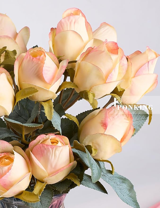 Rose Artificial Flower Buds 12pcs Realistic Faux Silk Roses Fake Flowers Bouquets Arrangements Decor for Wedding Spring Mother's Day, Home Table Decorations, Yellow Flower
