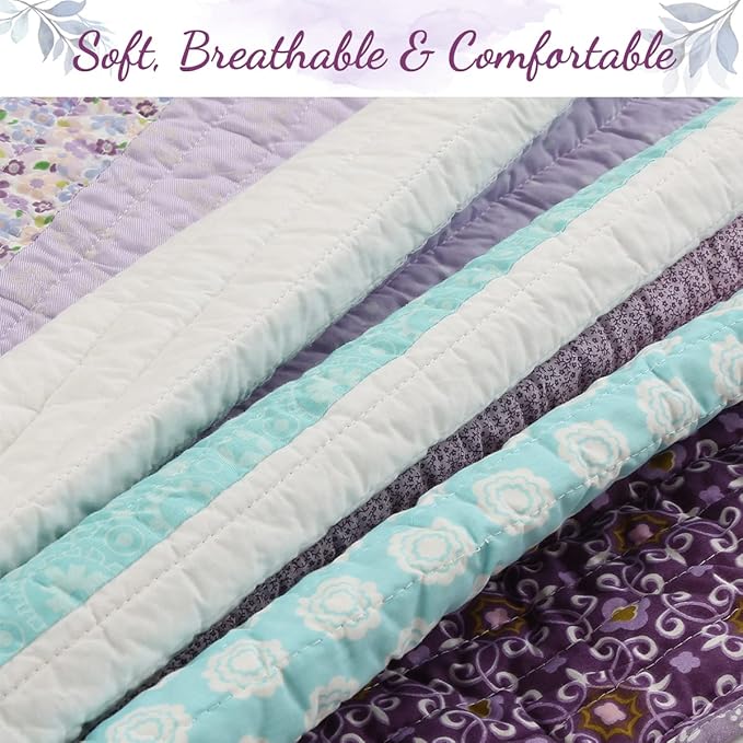 Cozy Line Home Fashions Purple Baby Blue Floral Striped Ruffle Girl 100% Cotton Reversible Quilt Bedding Set, All-Season Coverlet Bedspread (Lilac Flower, Queen-3 Piece)