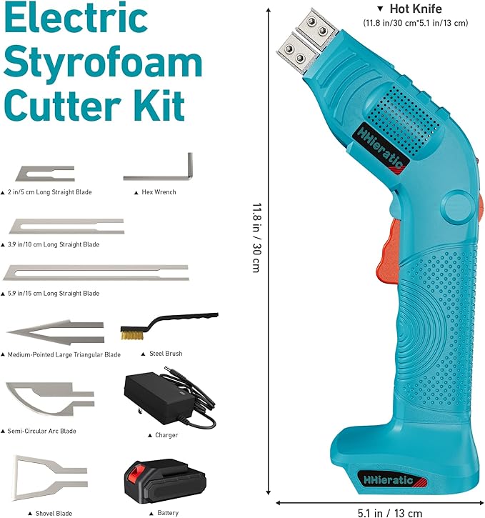 Cordless Hot Knife with Battery,Electric Styrofoam Cutter Kit with Temperature Control Max 932°F(500℃),150W Hot Knife with 6 Blades for Cutting Belt,Webbing,Fiber,Cloth,Rope,Rubber