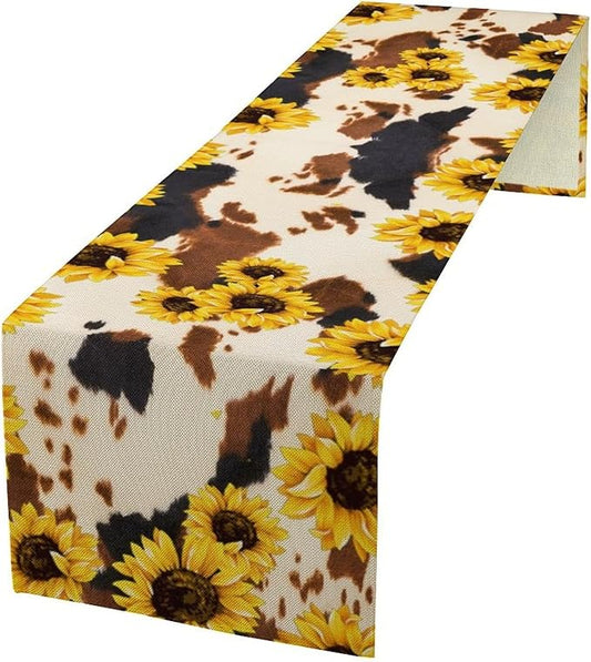 Cow Skin Print Table Runner, Vintage Sunflower Cottage Country Farm Animal Fur Skin Western Style Brown Cowhide Print Dinner Runner for Home Kitchen Dining Table 13x108in