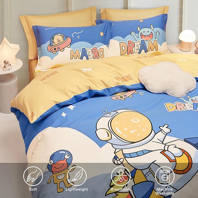 SAPHREAS Planet Astronaut Kids Duvet Cover Set Queen Size 4pcs with Fitted Sheet 100% Cotton Children Bedding Comforter Cover Set, Comforter Not Included