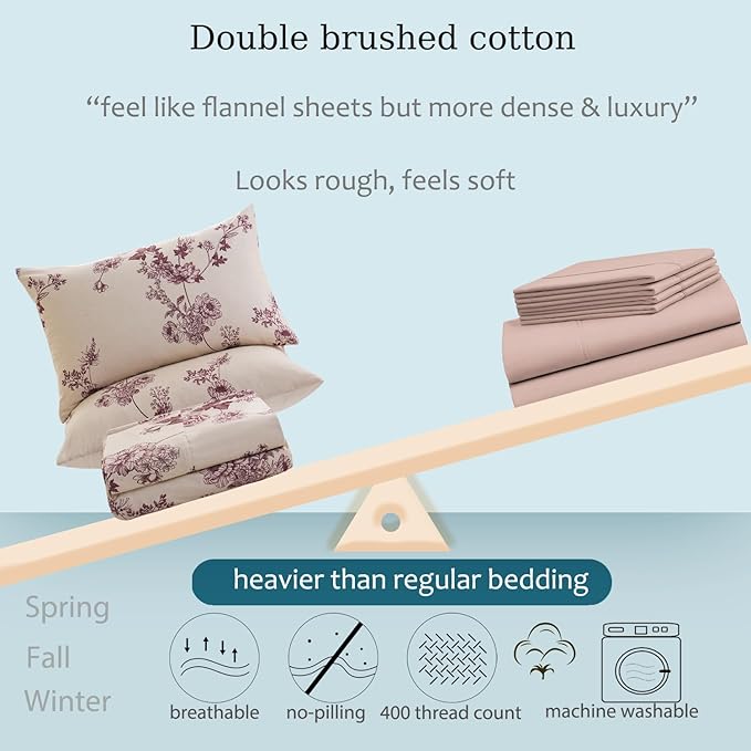 Zusbest King Size Sheets 100% Percale Cotton Red Floral Bed Sheet Set, Brushed Extra Softness, Breathable Luxury Toile Flannel Like Sheets Shabby Vintage Flower Print Deep Pocket Bed Set 17.5'' 4 Pcs