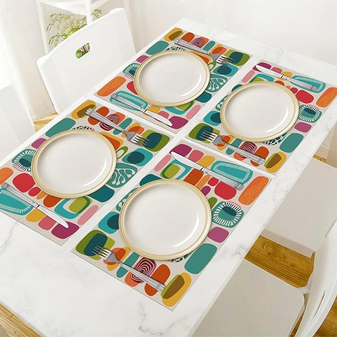Mid Century Colorful Modern Placemats Set of 4,Kitchen Table Mats for Dining Outdoor Home Decor 12x18 Retro Place Mats 4 PCS, Style-15