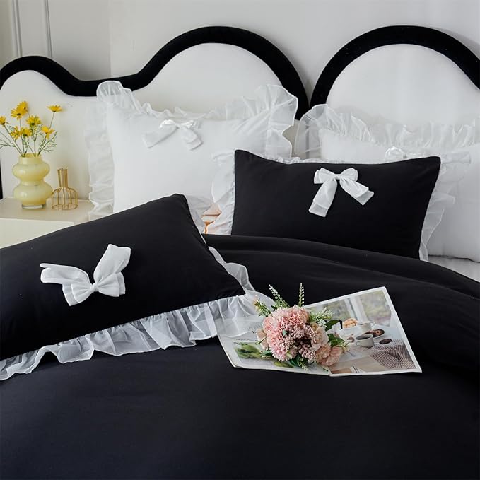 Girls Lace Bedding,Queen Comforter Cover Set, Chic Ruffled Duvet Cover with Lovely Bow,Princess Style 1 Duvet Cover with 2 Pillowcases, No Comforter-Black,Full Size