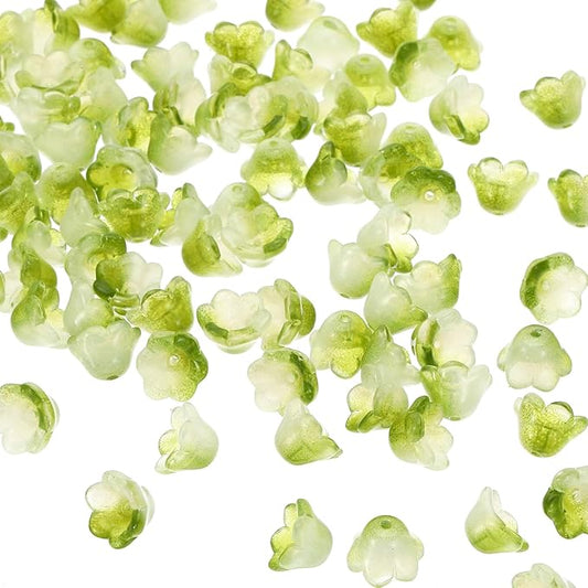 PATIKIL Glass Trumpet Flower Beads, 200 Pcs Gradient Flower Bead Charm for Jewelry Making DIY Craft, Bracelets, Earrings, Necklaces Decorations, Olive Green