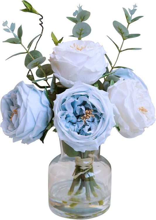 Forlaoers White Blue Roses Floral Artificial Flowers with Vase Silk Flower Arrangements in Fake Water Fake Flower Bouquet Centerpieces for Dining Center Table Decor Home Farmhouse Office Decorations