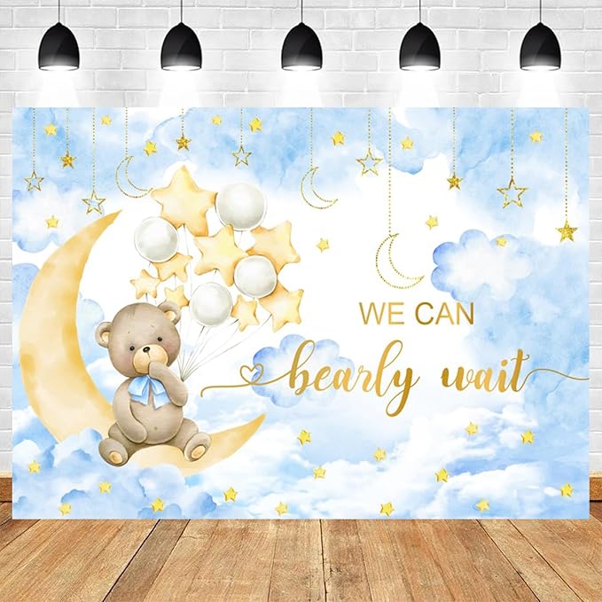 12x8ft Baby Shower Backdrop We Can Bearly Wait Photography Background Bear White Balloons Blue Clouds Moon Stars Cartoon Banner Decorations Birthday Party Newborn Portrait Photo Booth Prop