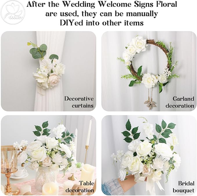 Wedding Arch Flowers Kit,Artificial Flower Arch Decor (Set of 3),2pcs Artificial Flower Arrangement with 1pc Sheer Drape for Wedding Decor Reception Backdrop Floral Decorations (Ivory White)