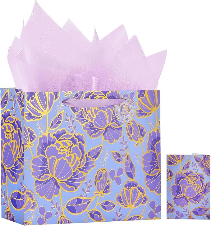 Bloomwords 13" Mother’s Day Gift Bags with Card Tissue(Rose Flower) for women Celebrating Birthdays, Valentine's Day, Weddings, Anniversaries (Purple,1PCS Flower Gift Bag)