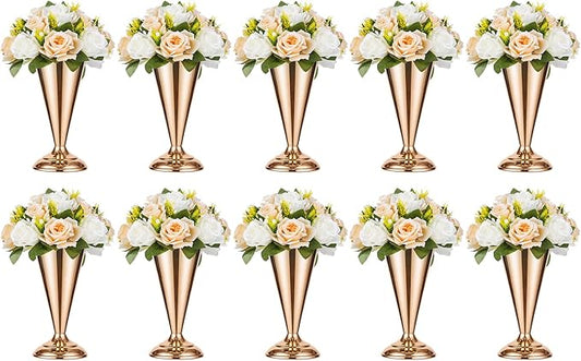 10 Pcs Tabletop Metal Wedding Flower Trumpet Vase, 9.8 inch Table Decorative Centerpiece Artificial Flower Arrangements for Anniversary Ceremony Party Birthday Event Aisle Home Decoration, Gold