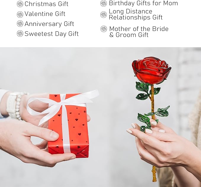 HDCRYSTALGIFTS 10'' Crystal Rose Flower Figurine Collectible Flower Gifts for Women,Crystal Glass Flower Collectible Ornaments for Christmas Home Table Centerpiece