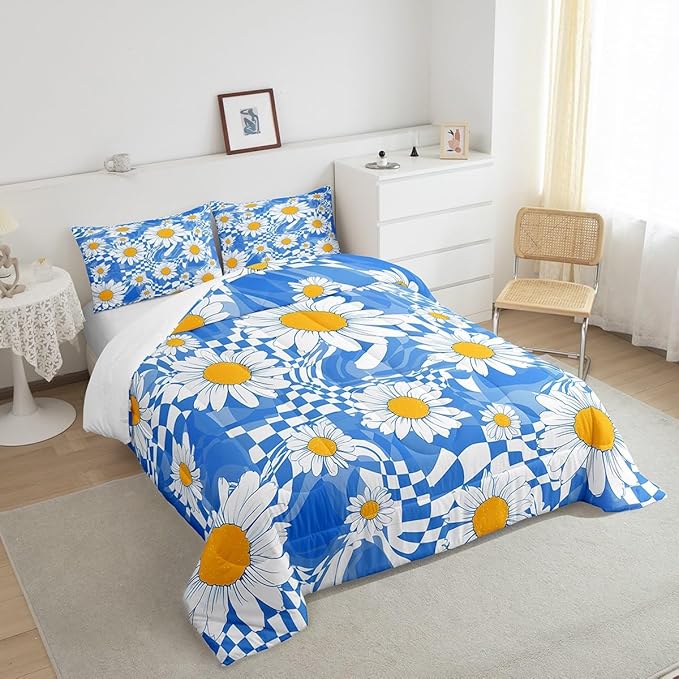 Castle Fairy Kids Abstract Comforter Set Twin Size,White Daisy Flowers Bedding Comforters Bedroom Decor,Blue Zebra Stripes Geometric Plaid Microfiber Duvet Set for Kids Teens,2 Pcs