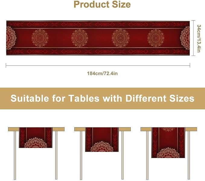 Luxurious Bohemian Table Runner, Red Gold Mandala Floral Boho Decor Table Runner for Kitchen Dining Festive Holiday Party Wedding Gathering, 13x60 Inch
