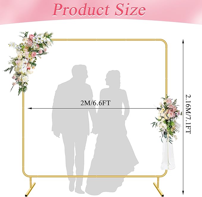Metal Wedding Arch Backdrop Stand for Parties 6.6FT Gold Balloon Arch Square Frame Kit Pipe and Drape Stand Floral for Ceremony, Wedding, Baby Shower, Birthday Party, Flower Wall Decoration
