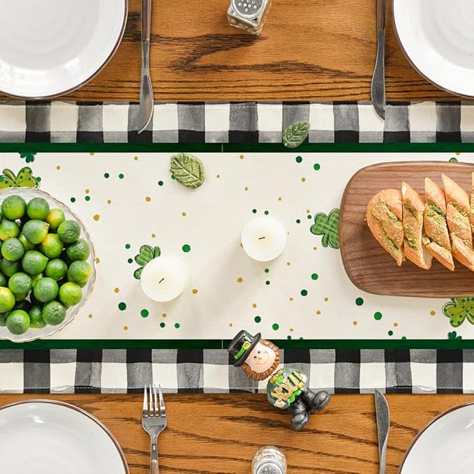 Artoid Mode Buffalo Plaid Shamrock Gnome St. Patrick's Day Table Runner, Seasonal Spring Holiday Kitchen Dining Table Decoration for Indoor Outdoor Home Party Decor 13 x 72 Inch