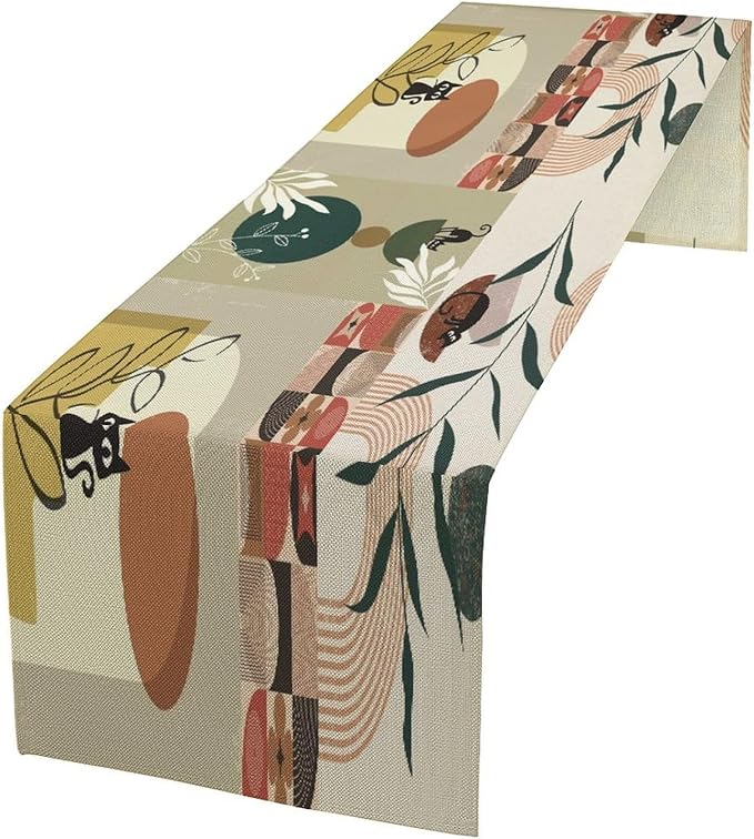 Mid Century Table Runner,Abstract Boho Plant Leaf Botanical Cat Modern Geometric Pattern Print Burlap for Hotel Indoors Outdoor Dining Room Kitchen Home Decor, 13x70in