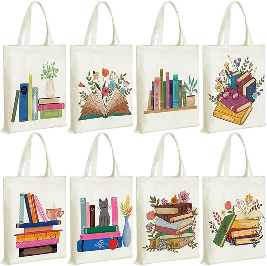 Sweetude 8 Pcs Christmas Book Lovers Club Gifts Bulk Canvas Tote Bags Bookish Librarian Reader Gift for Women Teacher Present(Book)