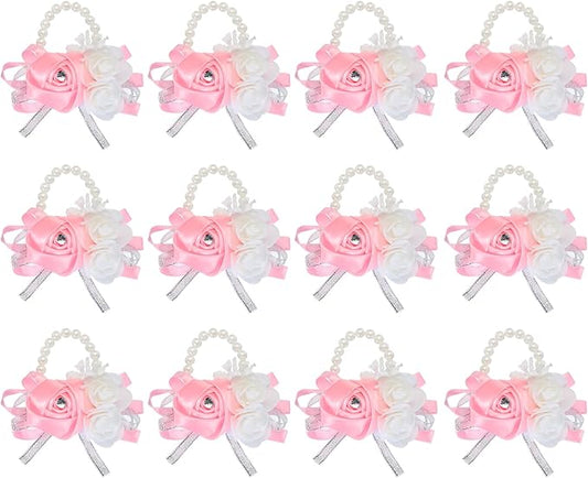 MECCANIXITY 12Pcs Wrist Corsage Artificial Flower Bracelets Rose Wrist Bride Groom Decorative for Wedding Ceremony Prom Party Anniversary Pink