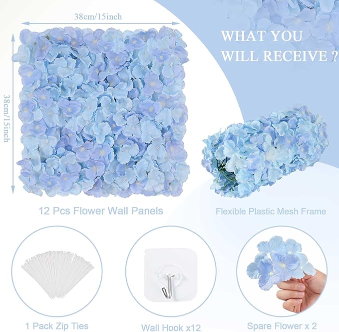 Blue Flower Wall Panels Backdrop: Wedding Artificial Flower Wall Backdrop 3.75ft by 5ft Hydrangea Floral Wall for Anniversary Graduation Party Decoration (12 Pcs 15 x 15 Inch)