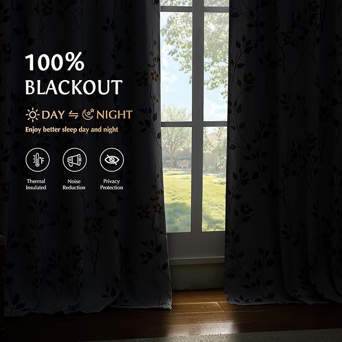 Beauoop Floral 100% Blackout Curtains 96 Inches Long 2 Panels for Bedroom Living Room Yellow Grey and White Flower Patterned Room Darkening Thermal Soundproof Rod Pocket Back Tab Window Drapes, 52X96