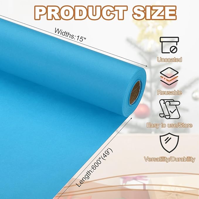 PATIKIL Wrapping Paper, 15" x 600"(49') 70 GSM Craft Paper Roll Kraft Packing Paper for Poster Bulletin Board, Gift Wrapping, Light Blue