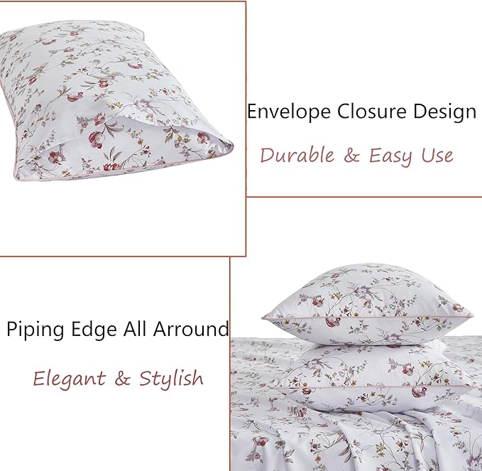 FADFAY Sheets Set Queen Rustic Pink Floral Botanical Bedding Set Luxury 100% Egyptian Cotton Bed Sheet Set Soft Breathable for All Season Bedoom Decor with 17.7 Deep Pocket Fitted Sheet, Queen Size
